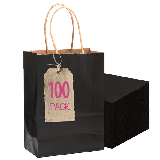 qiqee 100-Packs Black Paper Gift Bags with Handles Bulk 4.5"×2.5"×6" Mini Size Gift Bags Multiple Uses