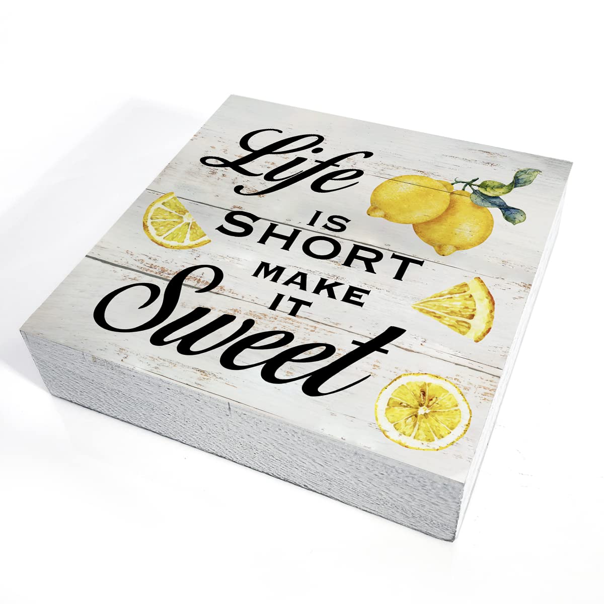Inspirational Quote Life is Short Make it Sweet Wood Box Sign Rustic Lemon Print Wooden Box Sign Farmhouse Home Kitchen Desk Shelf Decor (5 X 5 Inch)