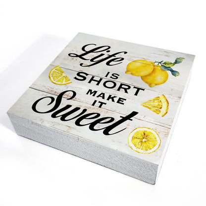 Inspirational Quote Life is Short Make it Sweet Wood Box Sign Rustic Lemon Print Wooden Box Sign Farmhouse Home Kitchen Desk Shelf Decor (5 X 5 Inch)