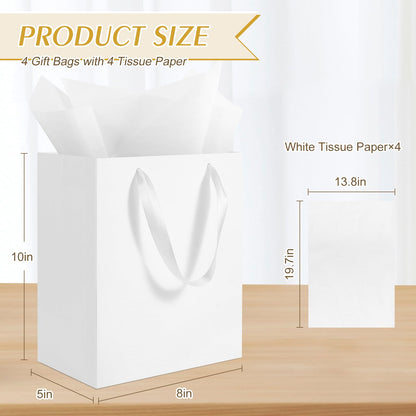 Ethhqu 4 Pack Medium White Gift Bags with Handles, 8x5x10 Inches - Includes 4 Tissue Papers for Birthday Party, Baby Shower, Wedding, Business, Thanksgiving, Christmas (White Medium-4 Pcs)