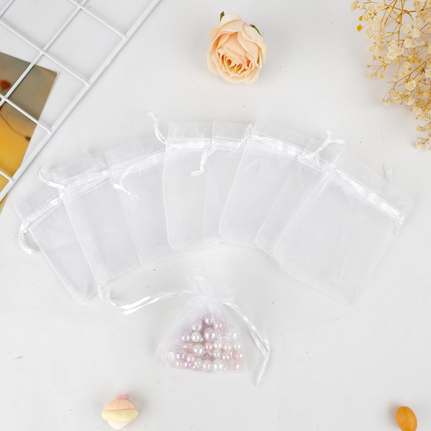 Organza Bags, White Organza Bags, 50Pcs, Sheer Organzas Bag 3 x 4 inch, Jewelry Gift Bags, Party Favor Bags with Drawstring, Mesh Gift Pouches Mini Candy Pouch for Wedding Christmas Party
