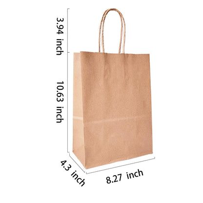 BAG BOX 100 Pcs Medium 8.25x4.3x10.6 Inch Brown Kraft Paper Gift Bags with Handles for Bulk Wedding, Party Favors, Grocery, Shopping, Retail Merchandise, Gift Sacks