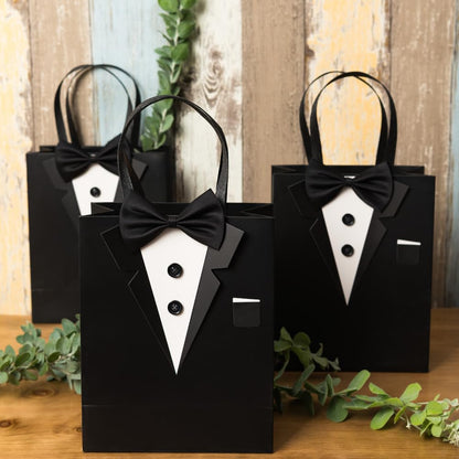 Crisky 6 Pack Classic Black 3D Tuxedo Gift Bags Real Bow Tie, Buttons for Groomsman Father's Birthday Anniversary Wedding Favor 10" x8" x4"