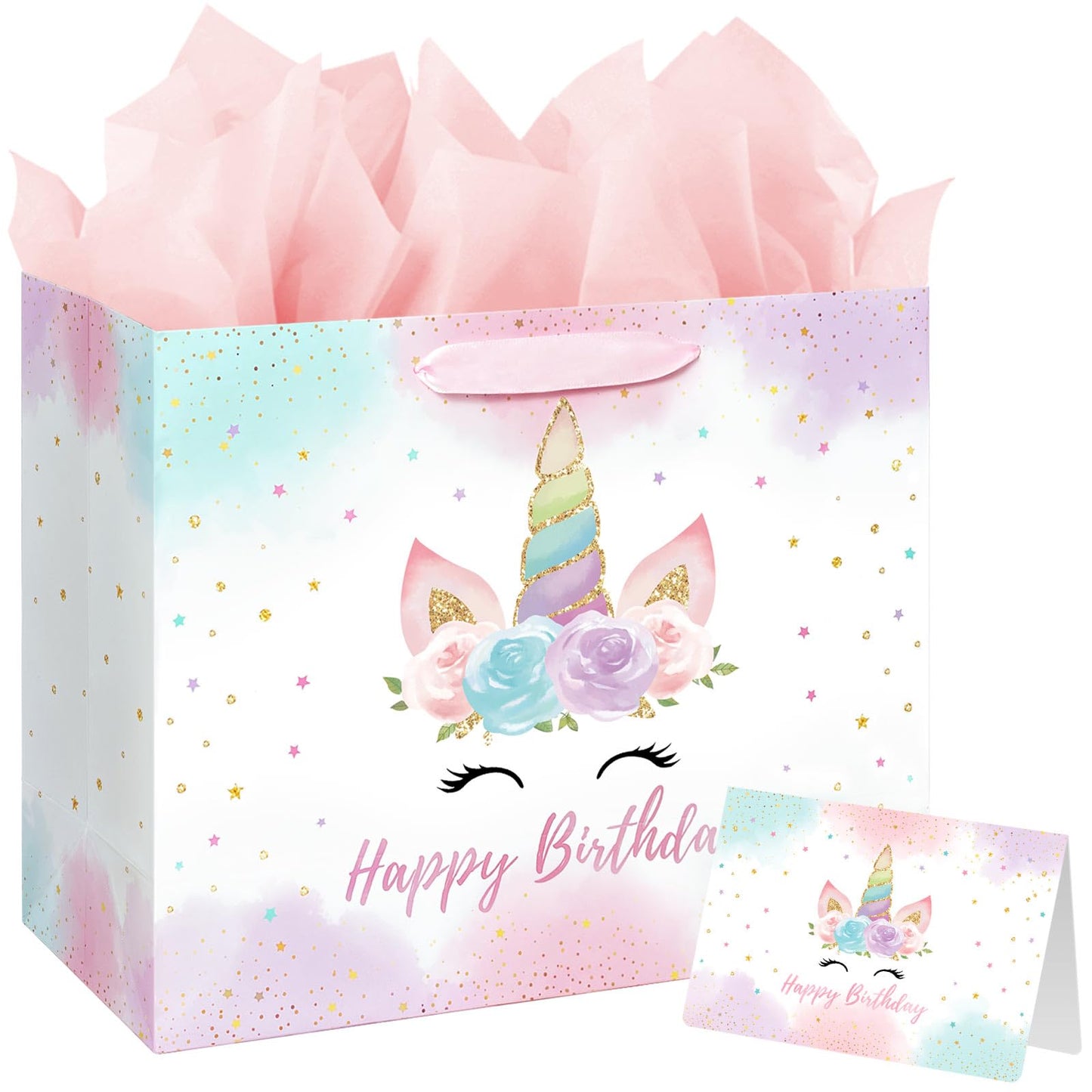 16.5" Large Unicorn Birthday Gift Bag with Card and Tissue Paper for Baby Girls and Kids Birthday (16.5 inch Pink)