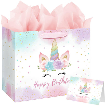 16.5" Large Unicorn Birthday Gift Bag with Card and Tissue Paper for Baby Girls and Kids Birthday (16.5 inch Pink)