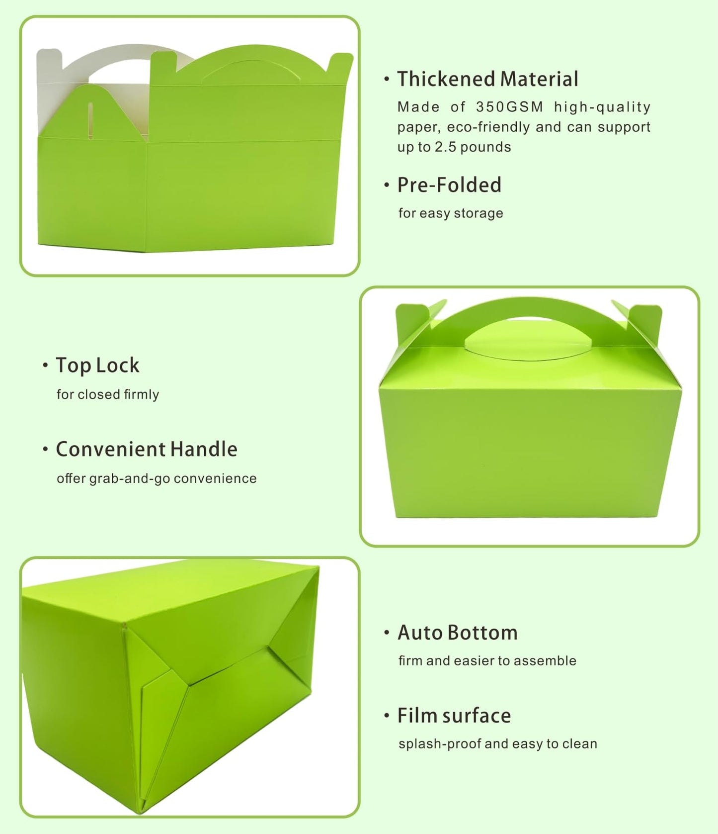 TIMESEEK 30-Pack Spring Green Gable Treat Boxes with Handles, 6" Pop-Up Party Favor Gift Boxes for Candy, Birthday,Wedding,Baby Shower, Eco-Friendly Cardboard Goodie Bags for Kids, Bachelorette Decor