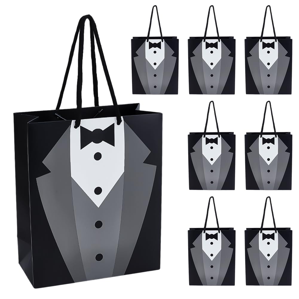 BENECREAT 12 Pack Tuxedo Gift Bags, 9.1x7.4x3.5inch Black White Paper Gift Bags with Handle for Groomsman, Bachelor Party Favors, Wedding