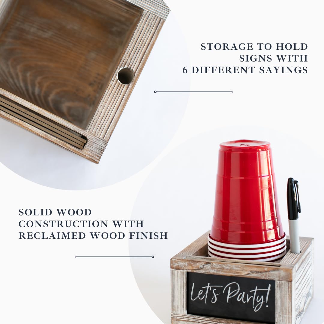 Rustic Party Cup Holder With Marker Slot- Drink Caddy With Interchangeable Signs- Mark Your Cup And Drink Up-Hosting Essentials Wood Cup Dispenser- Brunch Supplies- Disposable Cup Holder Hostess Gifts