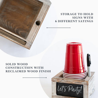 Rustic Party Cup Holder With Marker Slot- Drink Caddy With Interchangeable Signs- Mark Your Cup And Drink Up-Hosting Essentials Wood Cup Dispenser- Brunch Supplies- Disposable Cup Holder Hostess Gifts