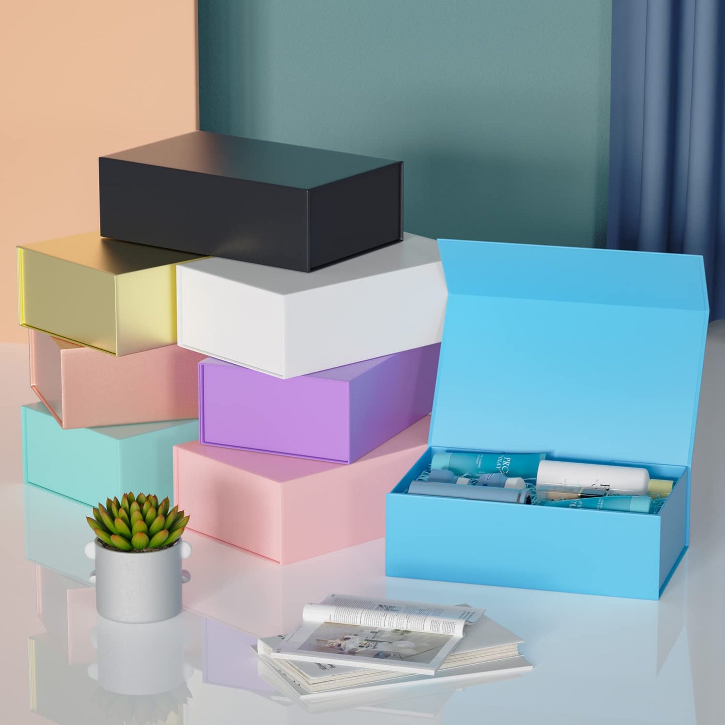 RYDDOY Blue Gift Box, 9.5x6x3'' Gift box for Presents with Lids Magnetic Closure Rectangle Collapsible for Bridesmaid Proposal Box, Wedding, Christmas, Halloween, Birthday Gift Packging