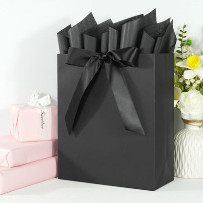 Elegant Black Gift Bag 10.2"x4.7"x12.2" with Ribbons Handles, Includes Card and Tissue Papers for Weddings, Birthdays, Baby Shower, Parties, Holidays
