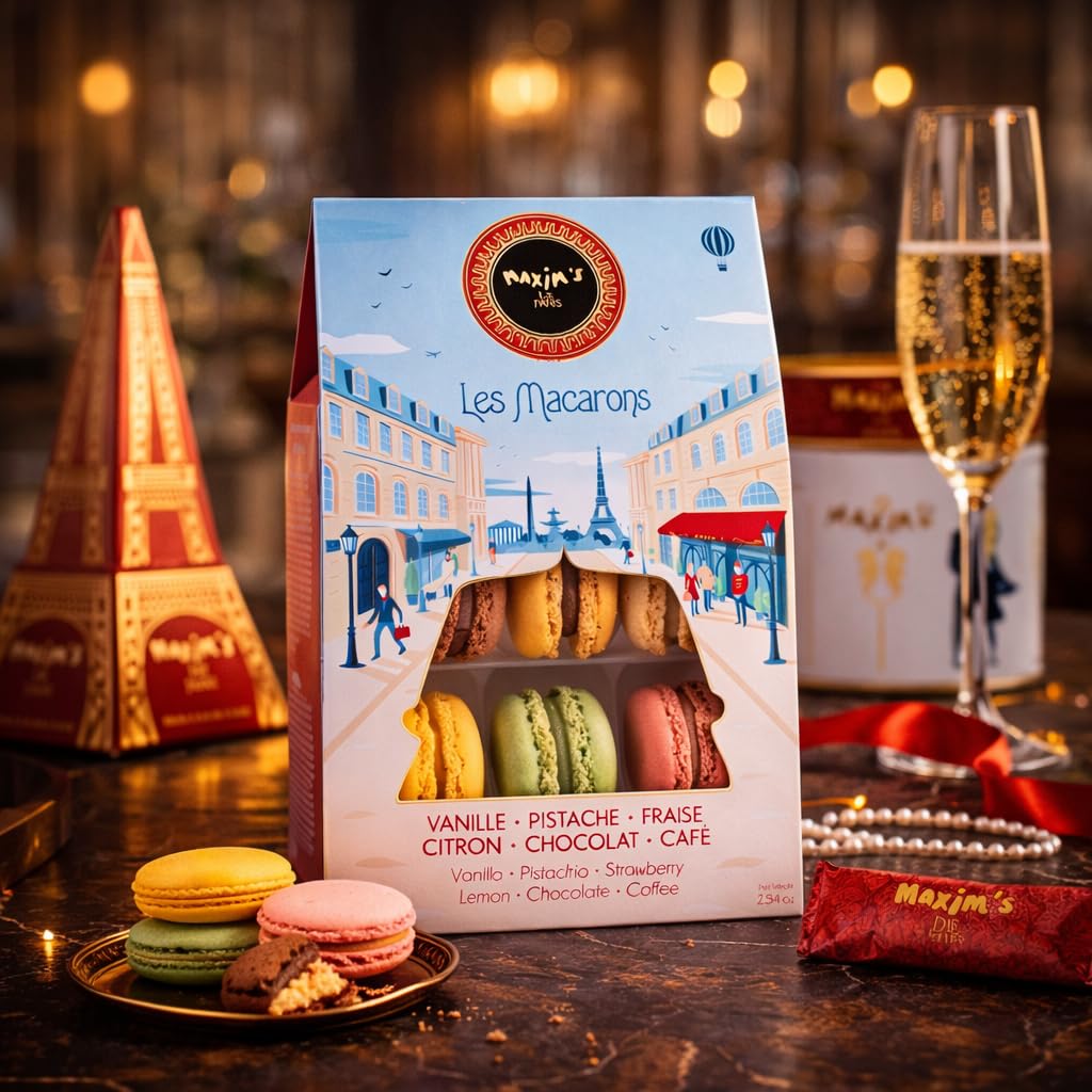 Maxim’s de Paris French Macaron Gift Box – Gourmet Macaron Cookies Assortment, 6 Classic Flavors (Vanilla, Pistachio, Lemon, Chocolate, Coffee, Strawberry), Luxury French Dessert Gift from Paris