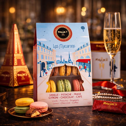 Maxim’s de Paris French Macaron Gift Box – Gourmet Macaron Cookies Assortment, 6 Classic Flavors (Vanilla, Pistachio, Lemon, Chocolate, Coffee, Strawberry), Luxury French Dessert Gift from Paris