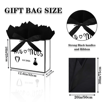 Jaywayang Large EST 2026 Mr & Mrs Wedding Gift Bag with Ribbon and Tissue Paper, 12.6" White and Metallic Black Bridal Shower Gift Bags, Engagement, Wedding Shower Party Favor.