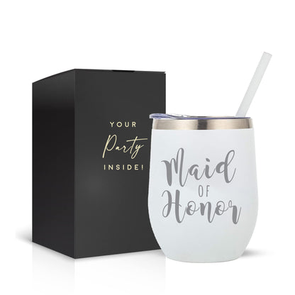Your Dream Party Shop Maid of Honor Tumbler, 12oz - White Stainless Steel Stemless Wine Cup, Proposal Gifts from Bride - Maid of Honor Gifts Proposal