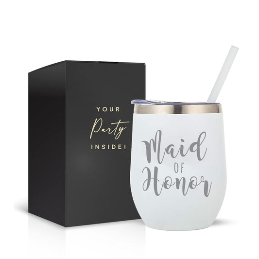 Your Dream Party Shop Maid of Honor Tumbler, 12oz - White Stainless Steel Stemless Wine Cup, Proposal Gifts from Bride - Maid of Honor Gifts Proposal