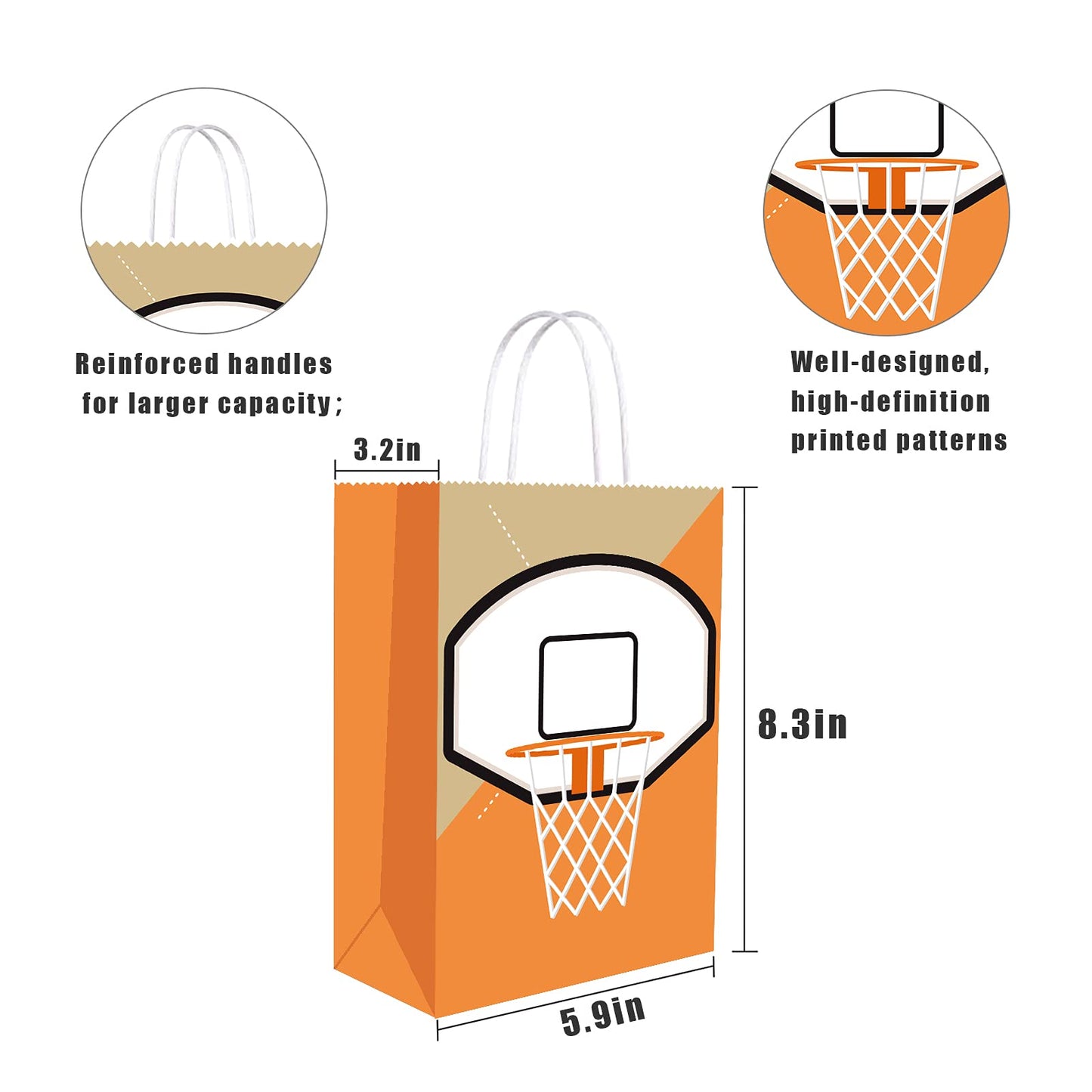 16 PCS Basketball Gift Bags with Handles for Basketball Birthday Party Supplies, Basketball Party Favor Bags Candy Treats Bags, Basketball Goodie Bags for Kids Boys Girls