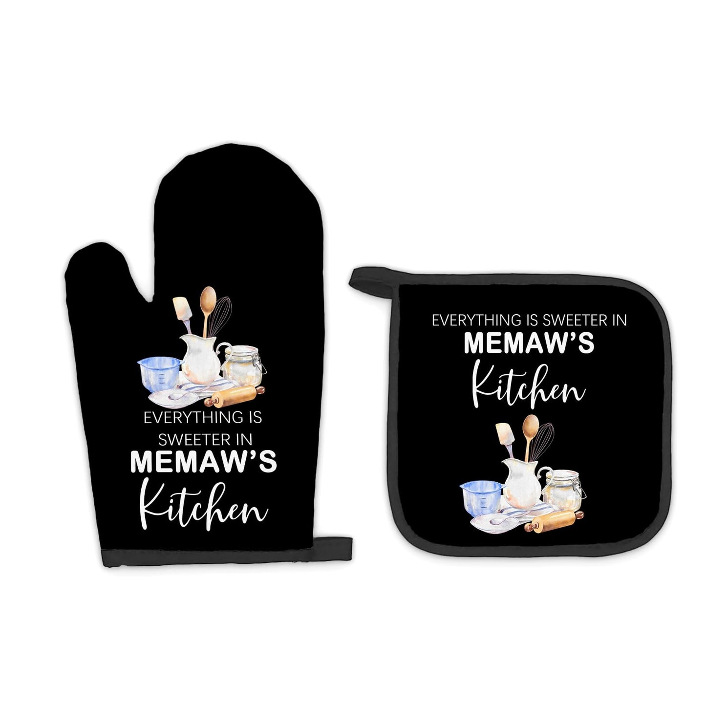 Memaw Gifts Oven Mitts and Pot Holders Sets, Gifts for Grandma from Grandkids, Sweeter in Memaw's Kitchen Heat Resistant Oven Glove Potholders for Baking