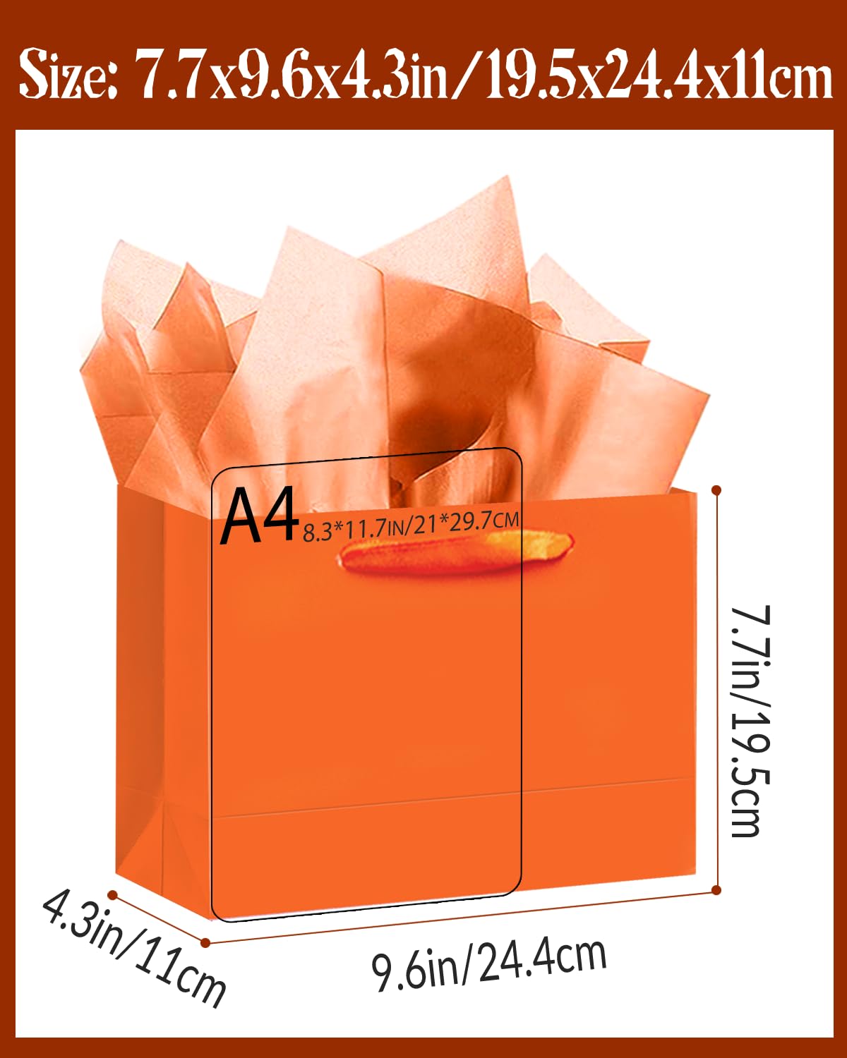 qiqee 5PCS Bright Orange Gift Bags with Ribbon Handles 9.6"x7.9"x4.3" Medium Size Gift Bags (Tissue Paper included, Medium Wide)