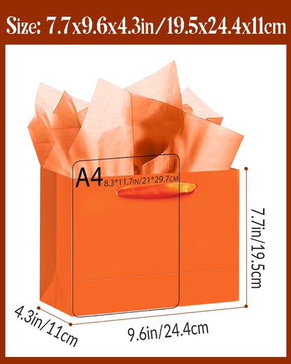 qiqee 5PCS Bright Orange Gift Bags with Ribbon Handles 9.6"x7.9"x4.3" Medium Size Gift Bags (Tissue Paper included, Medium Wide)