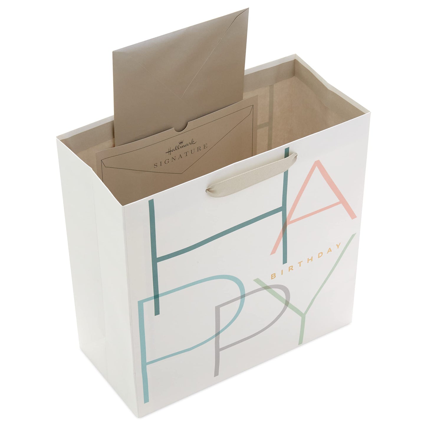 Hallmark Signature Studio 10" Large Square Gift Bag with Tissue Paper (Happy Birthday) Teal, Gray, Pink, Blue on White