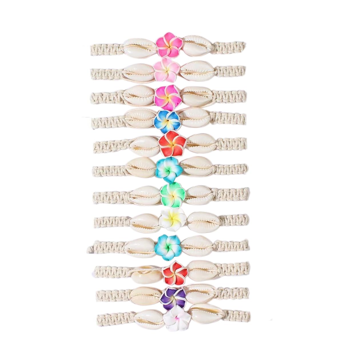 Pingyongchang 12Pcs Hawaiian Plumeria Rubra Seashell Bracelets Cute Handmade Flower Shell Starfish Braided Friendship Bracelet Set for Women Boho Beach Vacation Holiday Jewelry Gift