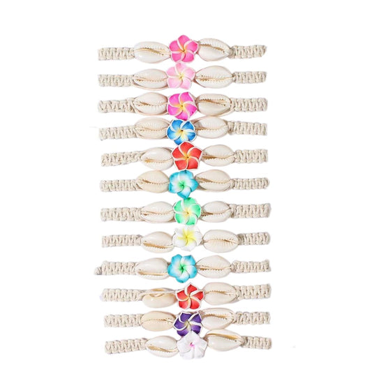 Pingyongchang 12Pcs Hawaiian Plumeria Rubra Seashell Bracelets Cute Handmade Flower Shell Starfish Braided Friendship Bracelet Set for Women Boho Beach Vacation Holiday Jewelry Gift
