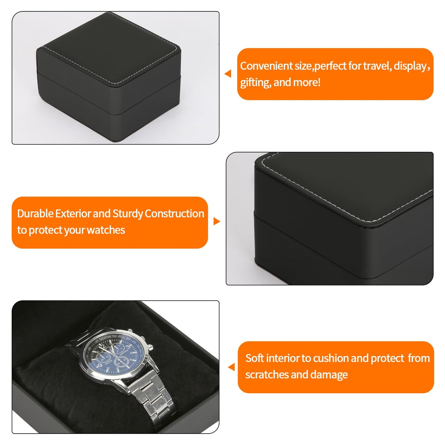 Single Watch Case, Travel Watch Gift Box with Removable Pillow, Luxury PU Leather Wristwatch Display Organizer Holder Boxes for Mem and Women (Black)