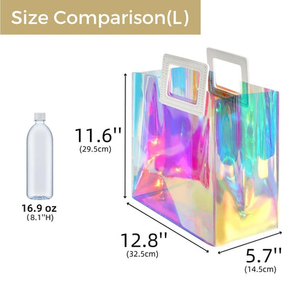VUOJUR Holographic Large Gift Bag 12.8x11.6x5.7'' Clear Reusable Birthday Gift Bag for Women Girls Iridescent Bachelorette Wedding Christmas with Handle