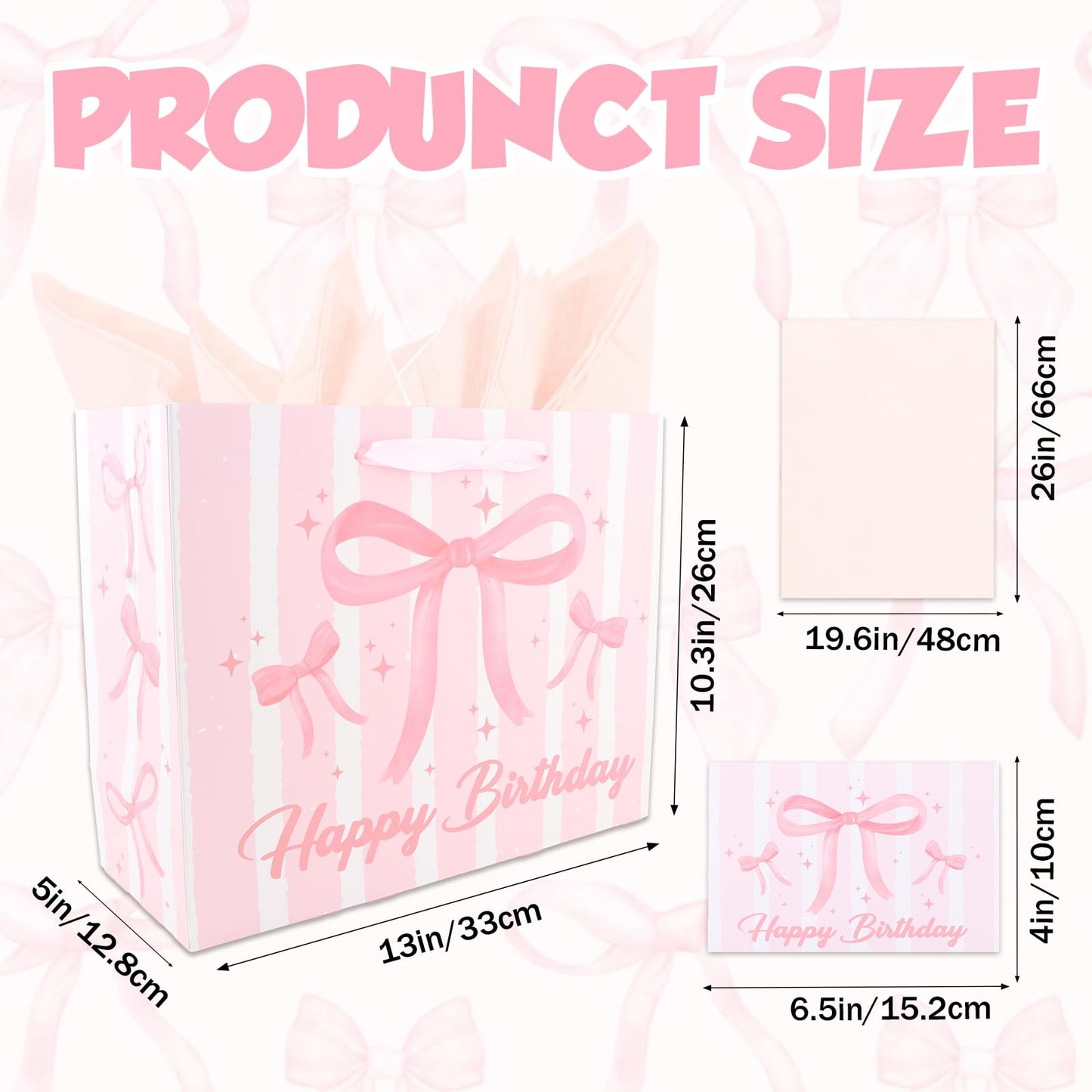 KEUKORZ Pink Birthday Gift Bag Set-Comes with Tissue Paper and Greeting Card, Large 13x10.3x5 Inch Bow Design Gift Wrapping Set, Perfect for Girls and Women