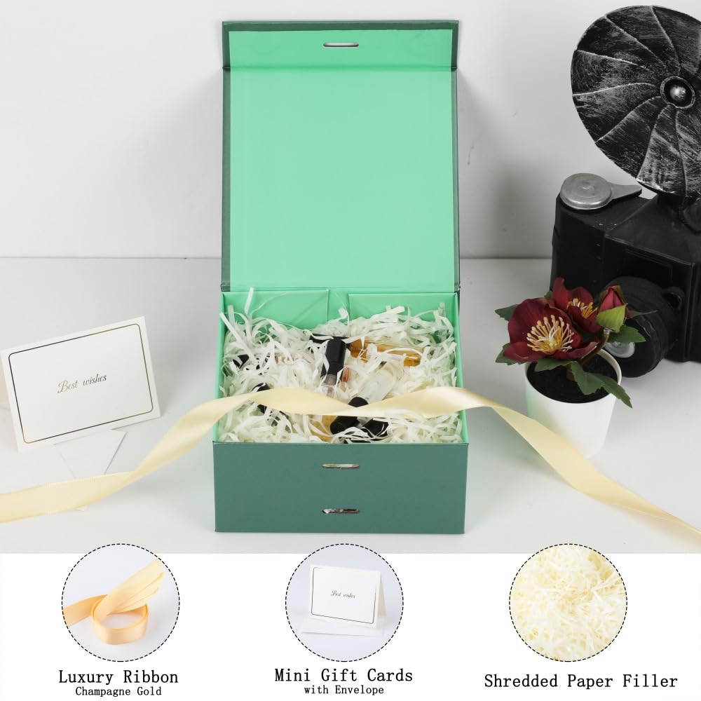 BoxSkivra Green Gift Box with Ribbon 1 Pack 6X6X3 Inch Small Gift Box with Lid Magnetic Closure Rectangle Collapsible Luxury Gift Boxes for Presents 、Shredded Paper Filler & Card