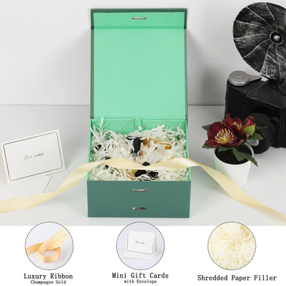 BoxSkivra Green Gift Box with Ribbon 1 Pack 6X6X3 Inch Small Gift Box with Lid Magnetic Closure Rectangle Collapsible Luxury Gift Boxes for Presents 、Shredded Paper Filler & Card