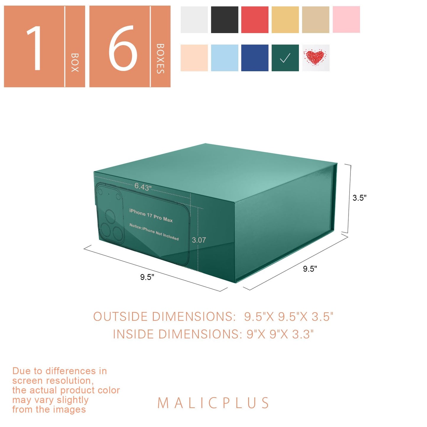 6 Gift Boxes with Lids 9x9x3.4 Inches, Green Groomsmen Proposal Boxes with Magnetic Closure for All Occasion (Glossy Green)