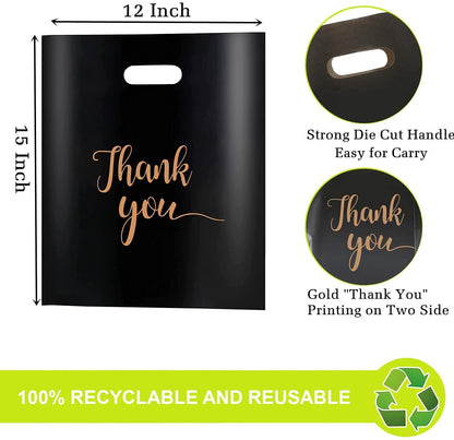 MUKOSEL Thank You Bags with Handles for Business 100 Pack 12x15 Inch Extra Thick 2.36 Mil Reusable Plastic Shopping Bags Merchandise Packaging for Small Business Retail Boutique Gifts Stores(Black)