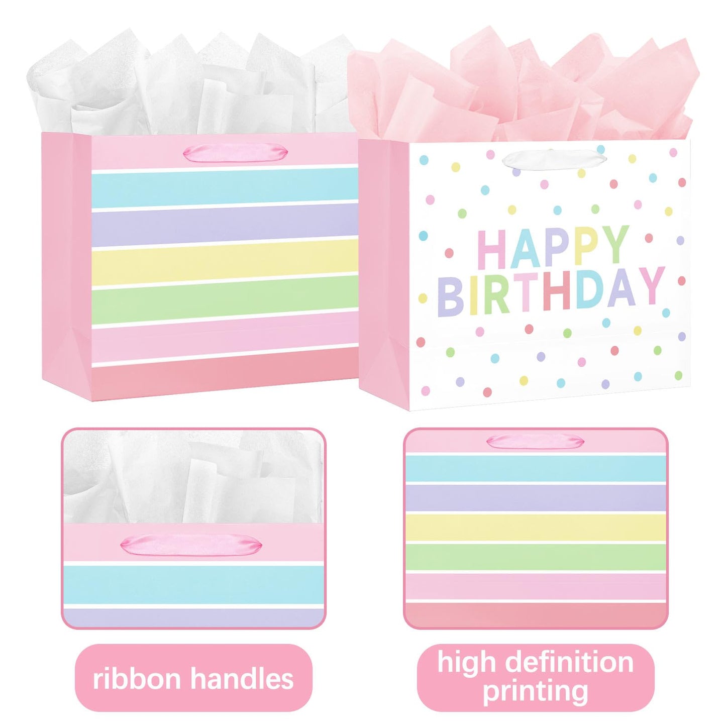 Laidans 2-Pack 13" Large Happy Birthday Gift Bags Party with Tissue Paper, Cards for Girls Women Birthday Party Favors Wrap