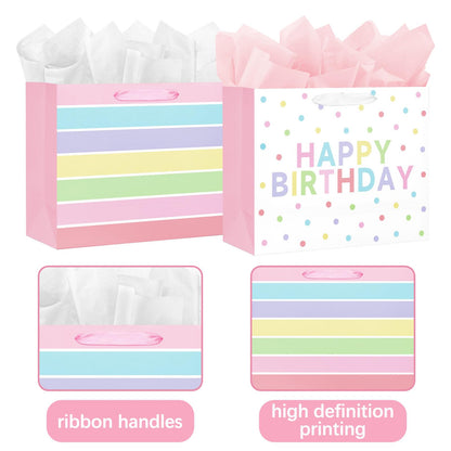 Laidans 2-Pack 13" Large Happy Birthday Gift Bags Party with Tissue Paper, Cards for Girls Women Birthday Party Favors Wrap