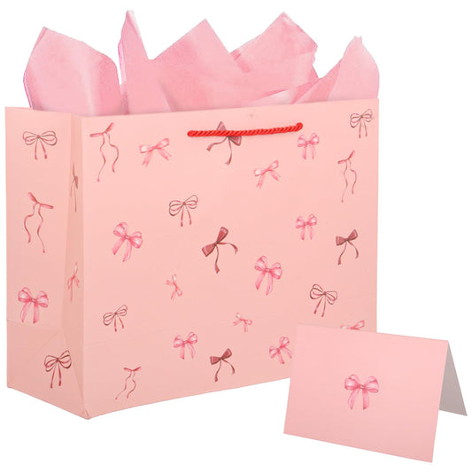 Pandecor 13" Large Birthday Pink Bow Paper Gift Bag with Card and Tissue Paper for Friends Birthday,Wedding Bridal Baby Shower Anniversaries