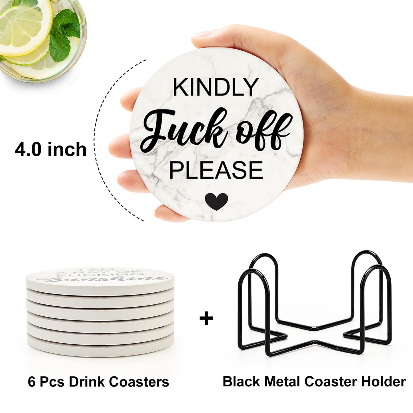 Funny Coasters with Holder Cool Gag Gifts for Adult Women Drink Fun Cup Coaster Set of 6 Coffee Table Bar Decor Unique Modern Coasters Man Cave Accessories Home Housewarming Gift Barsys Coster