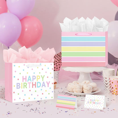 Laidans 2-Pack 13" Large Happy Birthday Gift Bags Party with Tissue Paper, Cards for Girls Women Birthday Party Favors Wrap