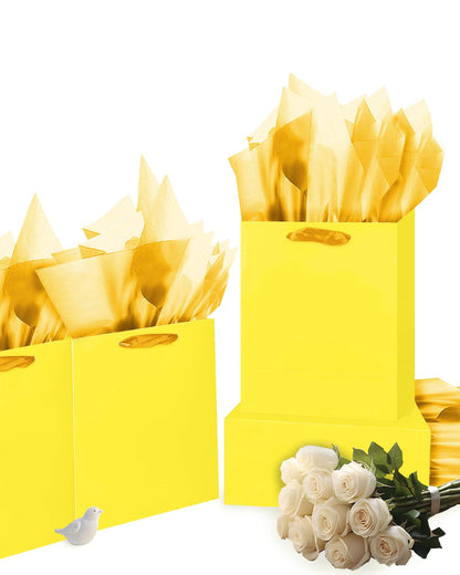 qiqee 10PCS Bright Yellow Mini Gift Bags with Tissue Paper Handles 6.3"x4.7"x2.4" Small Size Present Party Favor Bags（ Tissue Paper ）