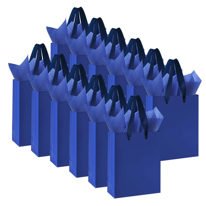 Ethhqu 12-Pack Small Navy Blue Gift Bags with Handles - Includes 24 Tissue Papers, 6.3x4.7x2.4 Inches Mini Gift Card Bag for Birthday Party, Baby Shower, Wedding, Holiday