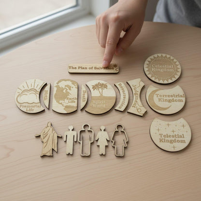 The Plan of Salvation Wooden Teaching Kit for LDS – Wooden Discs with Figures & Storage Box, CTR “Choose the Right” Missionary Gift, Baptism Gift, Family Home Evening & Classroom Tool