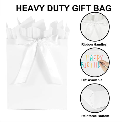 Elegant White Gift Bag 10.2"x4.7"x12.2" with Ribbons Handles, Includes Card and Tissue Papers for Weddings, Birthdays, Baby Shower, Parties, Holidays