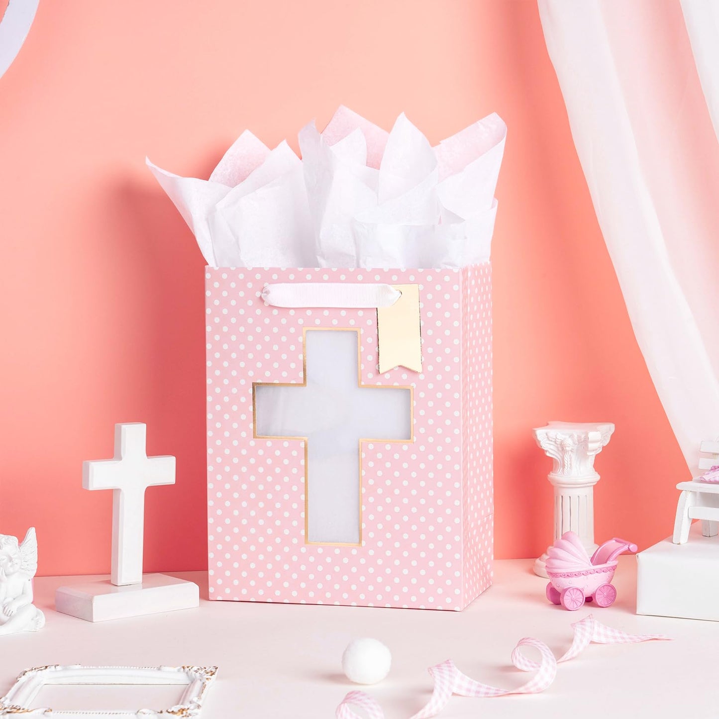 Loveinside Pink Gift Bag, Gold Foil Religious Cross and Dots Design, Gift Bag with Tissue Paper, Tag for Baby Girl Baptisms, Baby Shower, First Communion, Religious Celebrations, 7" x 4" x 9", 1 Pcs