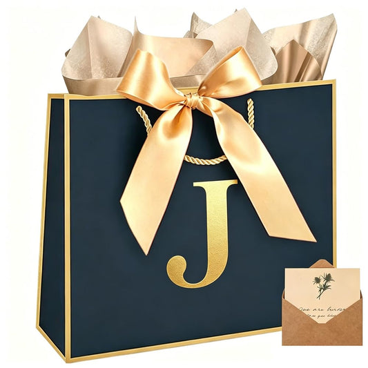 Topaliving Personalized Gift Bag with Card and Tissue Paper, 26 Letters Birthday Gift Bag 13''Custom Valentines Weddings Present with Initials/Numbers for Women Men Kids (Blue,J)