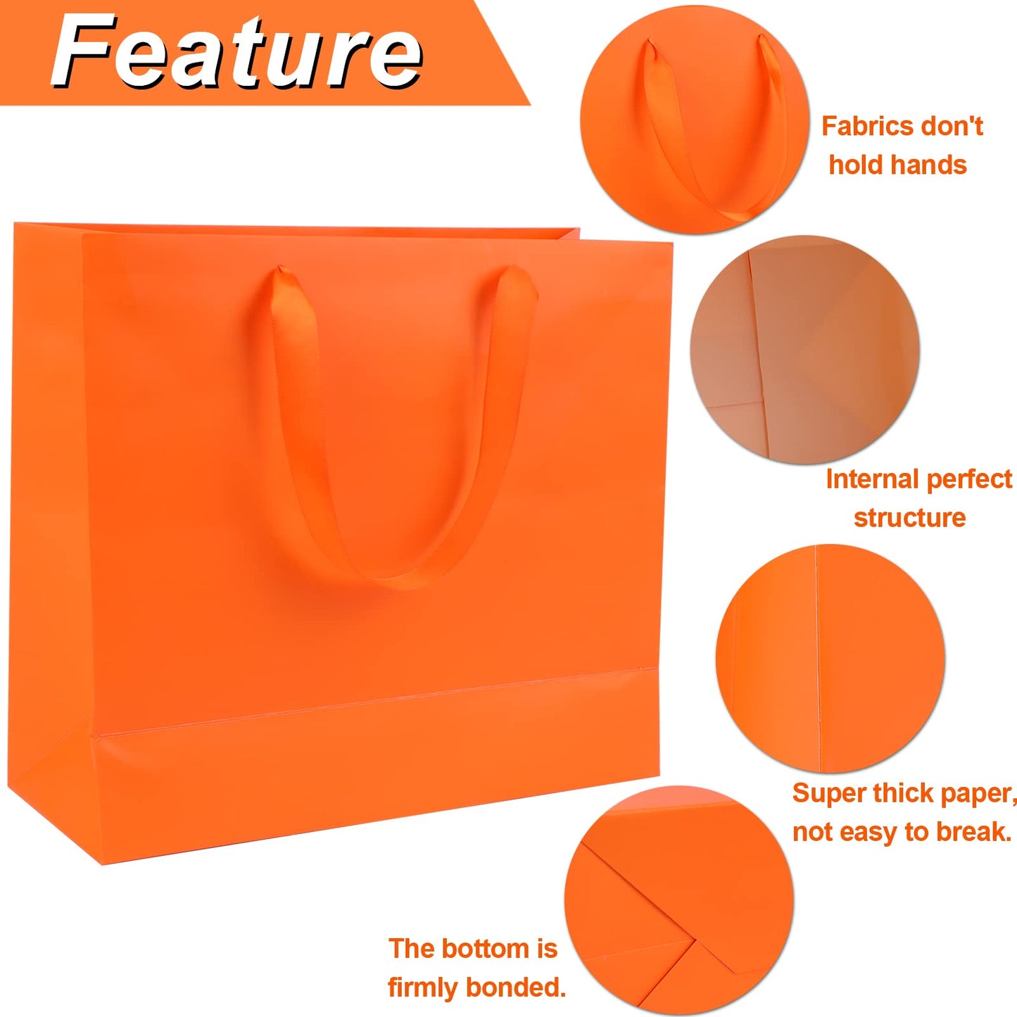 Welecom 20 Pcs Orange Paper Gift Bag Wide Handle Cardstock Paper Bags All-Occasion Paper Bags Heavy Duty Shopping Bags Reusable Business Bag Paper Gift Bags Take Out Bags with Tissue,11.8"*3.9"*9.84"