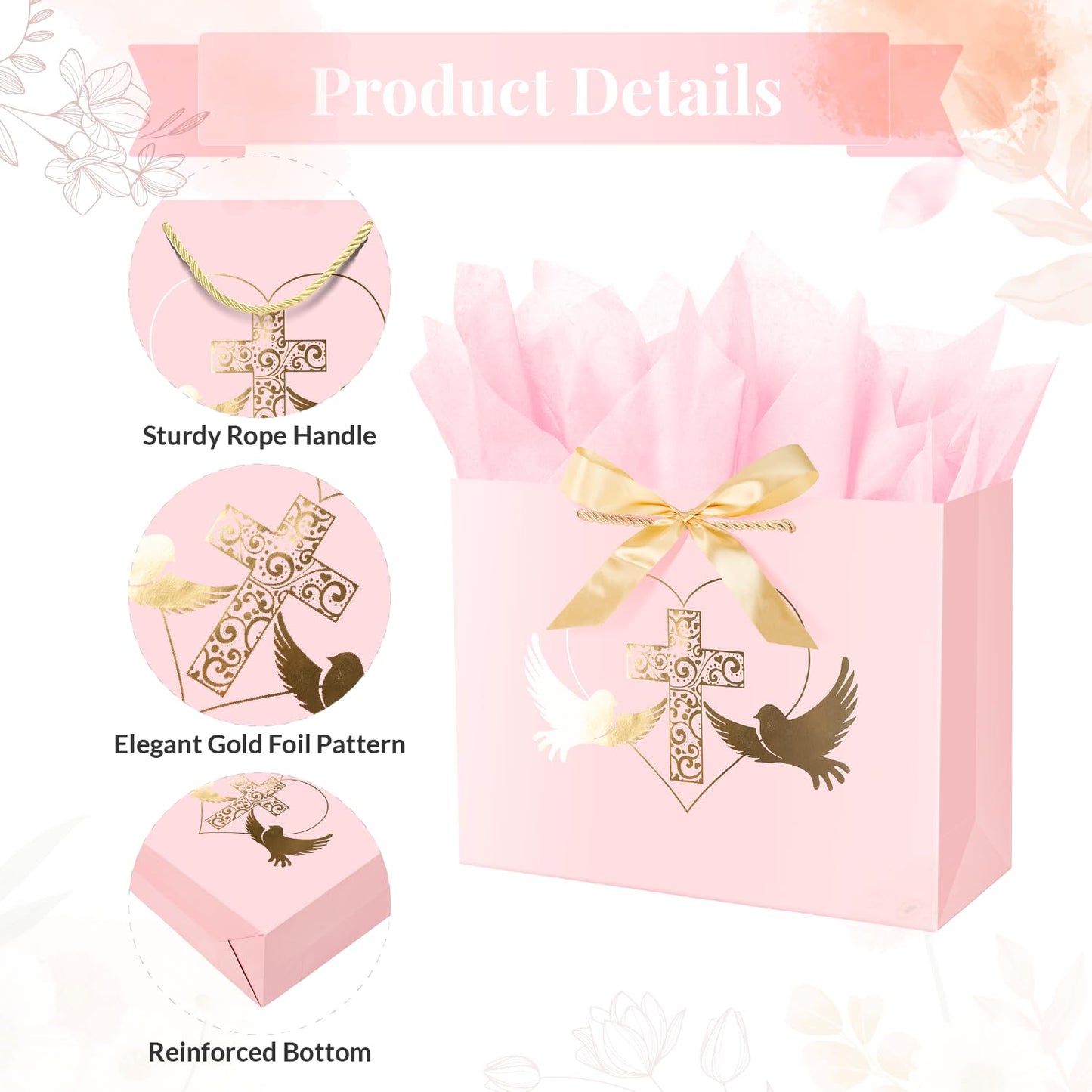 Linelglobal Baptism Gift Bag with Tissue Paper for Girl Pink Cross Gift Bag for Christenings First Communions Religious 12.6"