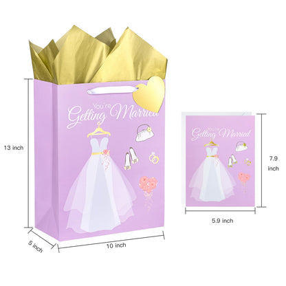 WRAPAHOLIC 13" Large Gift Bags with Card and Tissue Paper - Wedding Dress Design for Weddings, Engagements, Bridal Showers, Gift Wrap