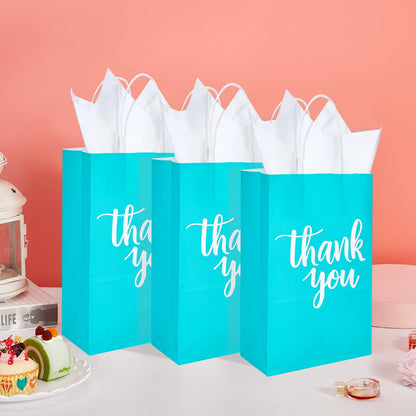 DjinnGlory 50 Pack Small Teal Blue Paper Bags with Handles 9x5.5x3.15 Inch and 50 White Tissue Paper, Thank You Gift Bags for Business Wedding Baby Shower Birthday Party Goodies