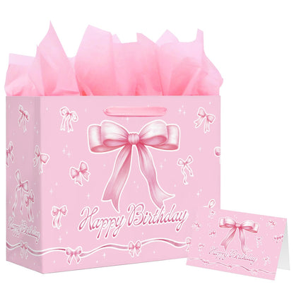 Happy Birthday Gift Bag with Card & Tissue Paper - Pink Bow Party Favor Birthday Bag for Kids, Medium Size 13x10.2x4.9 Inches, Ideal for Birthday Decorations